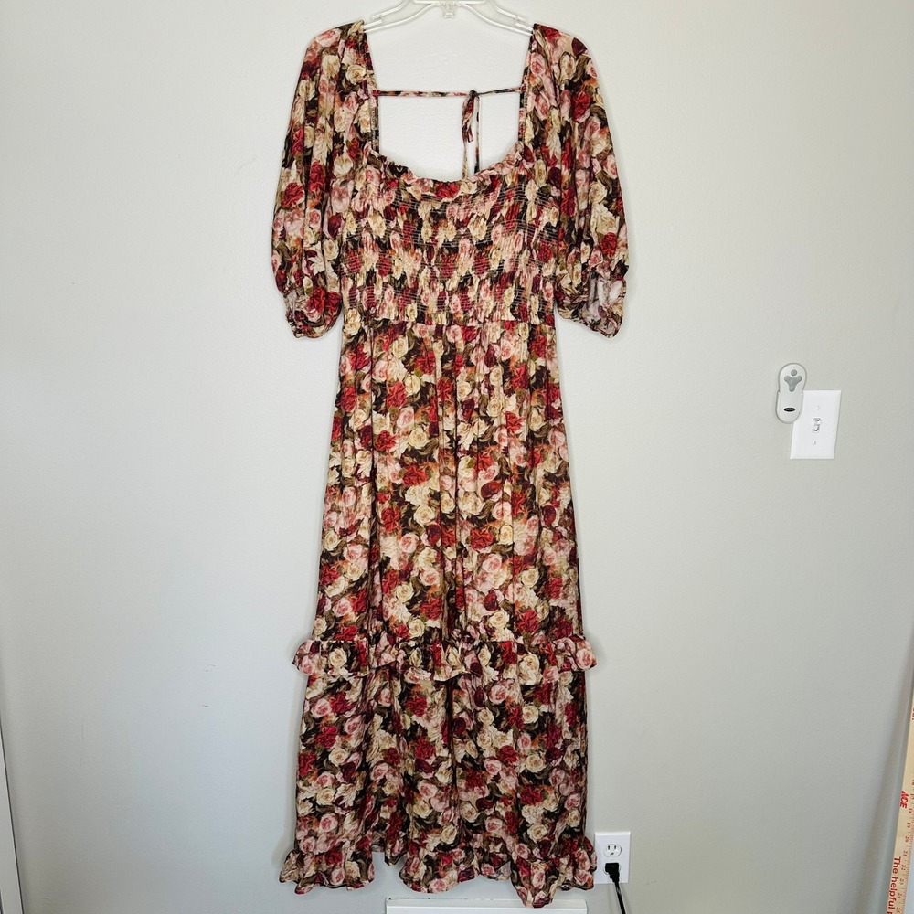 And Now This Floral Smocked Tiered Maxi Dress XL Red Rose Puff Sleeve